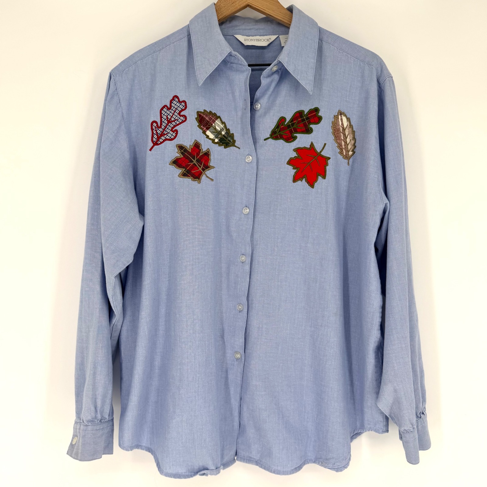 Vtg 90s Stonybrook Fall Leaf Applique Chambray Shirt Plus Size 18 Grandmacore
